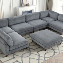 Brand New Grey Super Plush Corduroy Modular Sectional Sofa w Ottoman 
