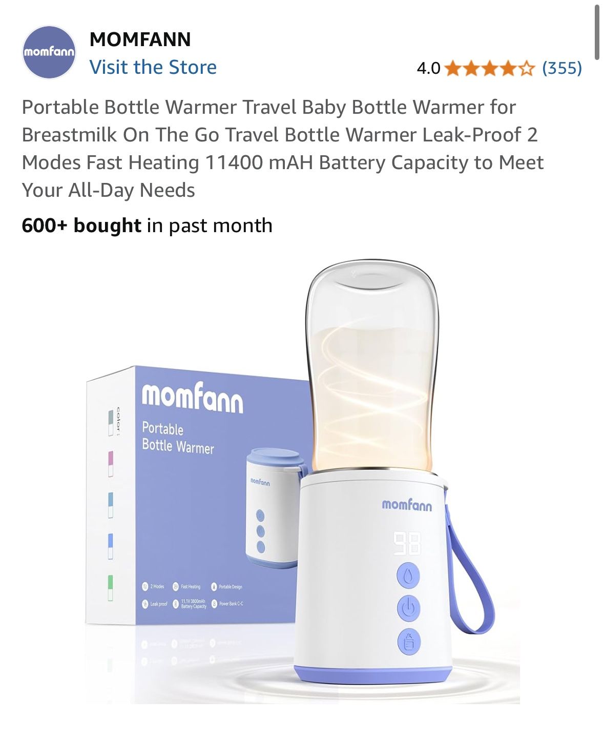 Portable Bottle Warmer Travel Baby Bottle Warmer for Breastmilk On The Go Travel Bottle Warmer Leak-Proof 2 Modes Fast Heating 11400 mAH Battery Capac