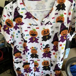 Digital Print Stretch Scrubs Top - Pandamed curved notch Neck Women Stretch Top Halloween Style only Size M and 4XL Medical Scrub Nurse Uniform 