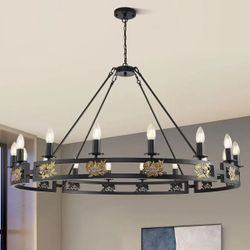 44" Black Chandelier, 16-Light Farmhouse Wagon Wheel Chandelier, Rustic Foyer Lighting Fixtures,Large Chandeliers for High Ceilings, Hanging Pendant L