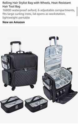 Rolling Hair Stylist Bag with Wheels, Heat-Resistant Hair Tool Bag 1680D waterproof oxford, 6 adjustable compartments, fits large curling irons, lid o