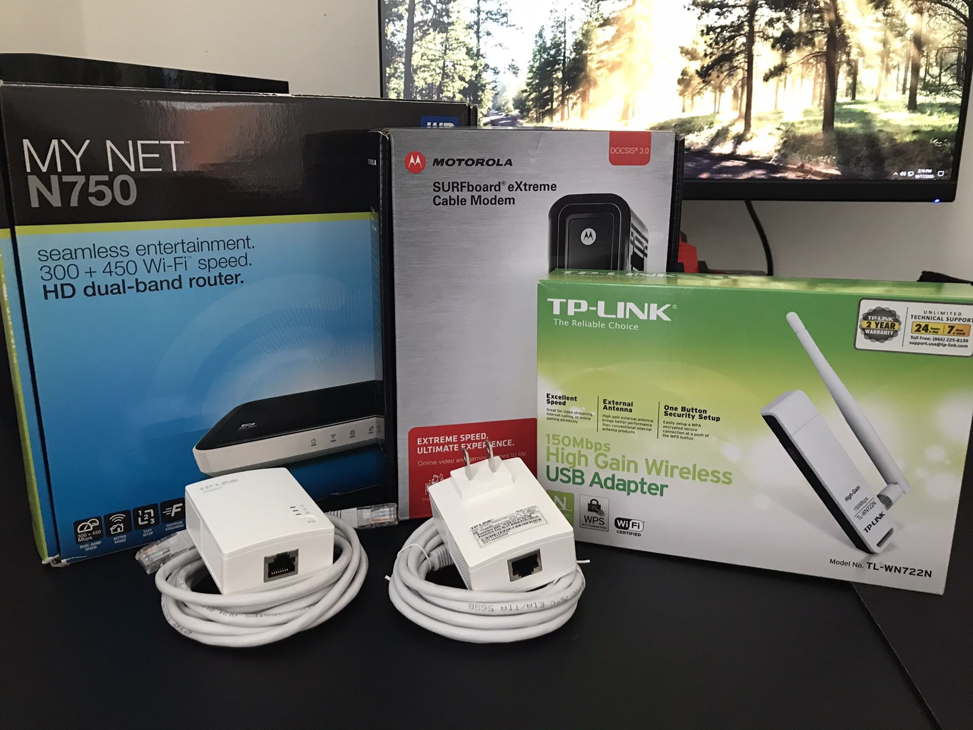 NETWORK BUNDLE Router, Modem, WiFi adapter, power line adapter