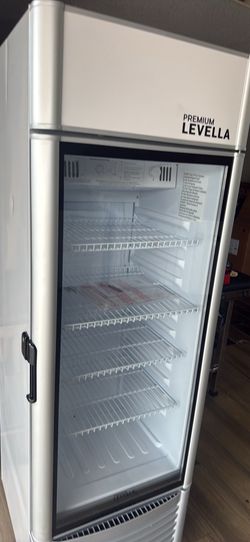 PremiumLevella PRF90DX Glass Door Display Refrigerator 9.0 cu ft Commercial Beverage Cooler Merchandiser With Customizable Lightbox - Silver