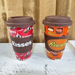 Galerie Reeses Hershey’s Kisses Ceramic Travel Coffee Mug Silicone Lid Set of 2