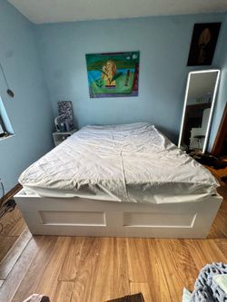 IKEA White frame bed with queen mattress