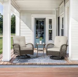 Kovach 3-Piece PE Wicker Patio Conversation Set with Beige Gray Cushion Rattan Swivel Rocking Chairs and Side Table