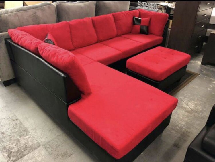 RED AND BLACK MICROFIBER SECTIONAL SOFA WITH OTTOMAN NEW