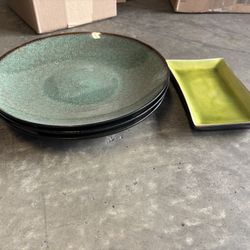 3 Large Green Round Plates and 1 Rectangular Serving Plate