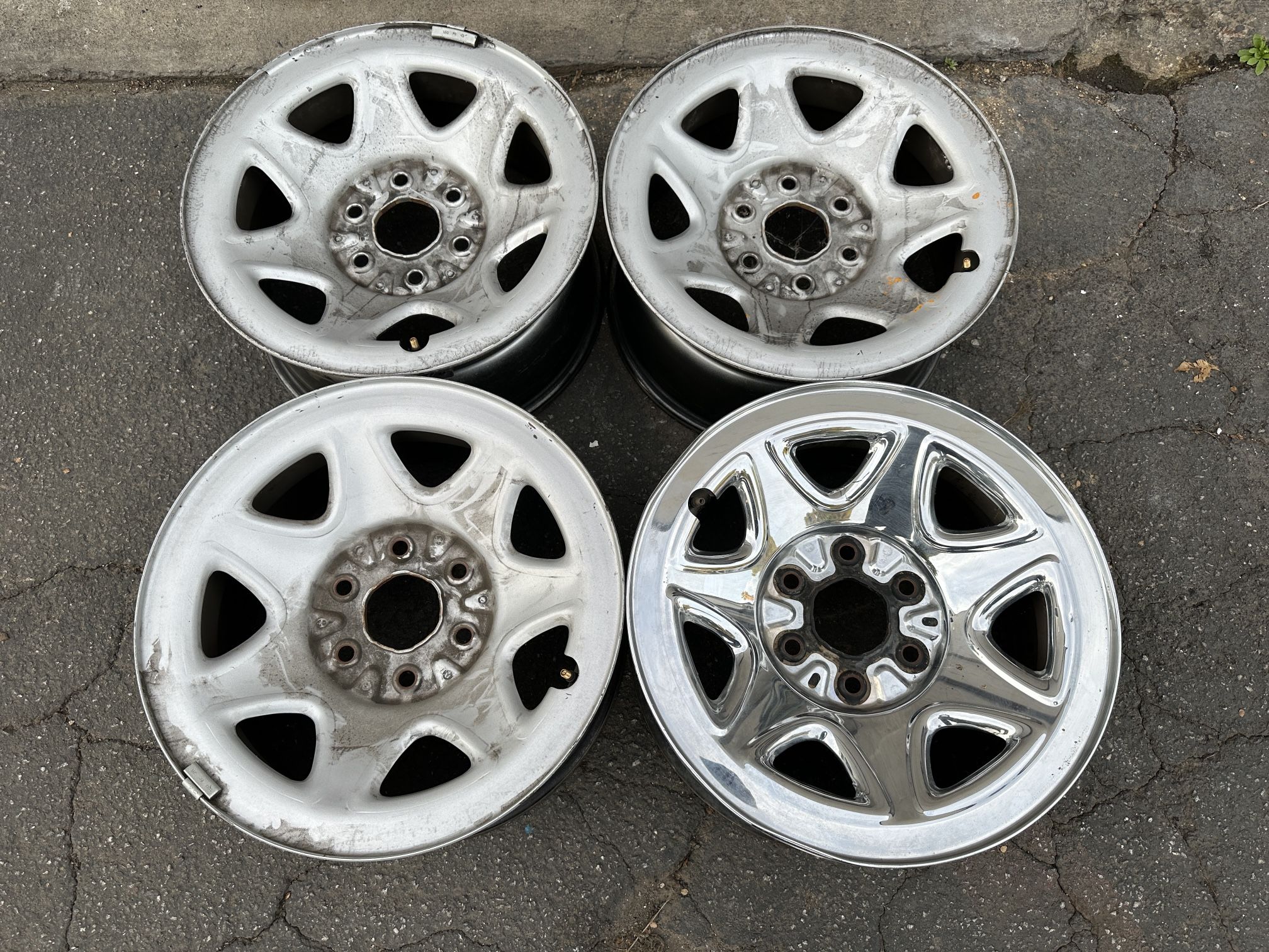 Four steel 17 inch Chevy, GMC or Cadillac 6 lug truck wheels