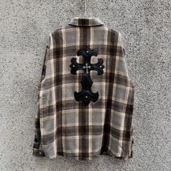 Chrome Hearts leather metal cross plaid woolen loose straight long-sleeved shirt jacket for men and women XL