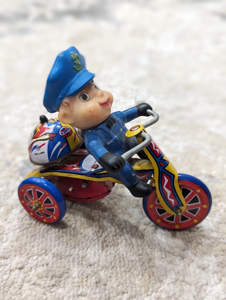 Vintage MTU Wind-Up Toy Cop on Tin Tricycle with Bell 