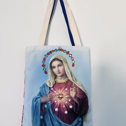 Multi-color Mary tote bag with gold accents and bandana side. streetwear, festival vibes, Catholic, Boho Religious Bag Pick Up Only 
