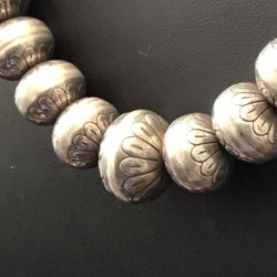 Vintage 31” Navajo graduated “Pearls” Necklace, Sterling, stamped bench beads 8mm to 17mm