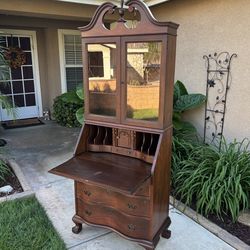 ANTIQUE WALNUT SERPENTINE SECRETARY CABINET W/ ORIGINAL KEY (CIRCA 30’S/40’S) 31”W X 17”D X 80”H