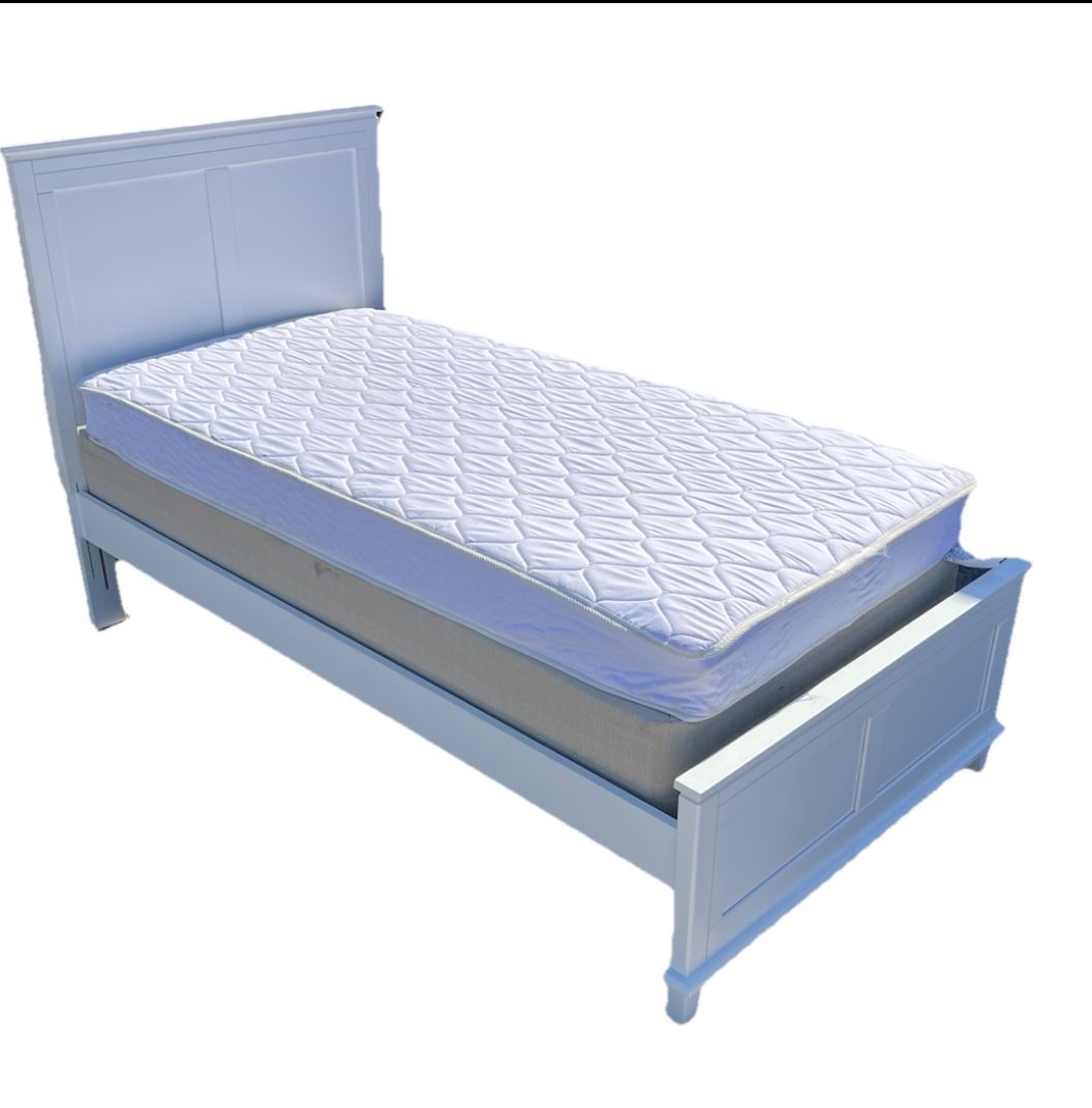 White XL Twin Bed Frame with Headboard, Footboard, Wood Base & Mattress