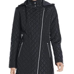 Jessica Simpson Women's Asymmetrical Zip Quilted Jacket with Hood, Black,L 100% Polyester.   Imported Polyester lining Zipper closure Machine Wash Rem