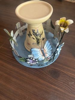 Decorative Ceramic Candle Holder with Metal Flower Ring