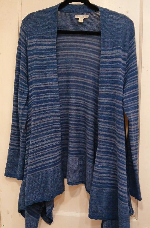 Dana Buchman Large Blue Striped Open Front Cardigan Long Sleeve Women's