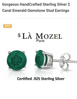 Gorgeous HandCrafted Sterling Silver 2 Carat Emerald Gemstone Stud Earrings