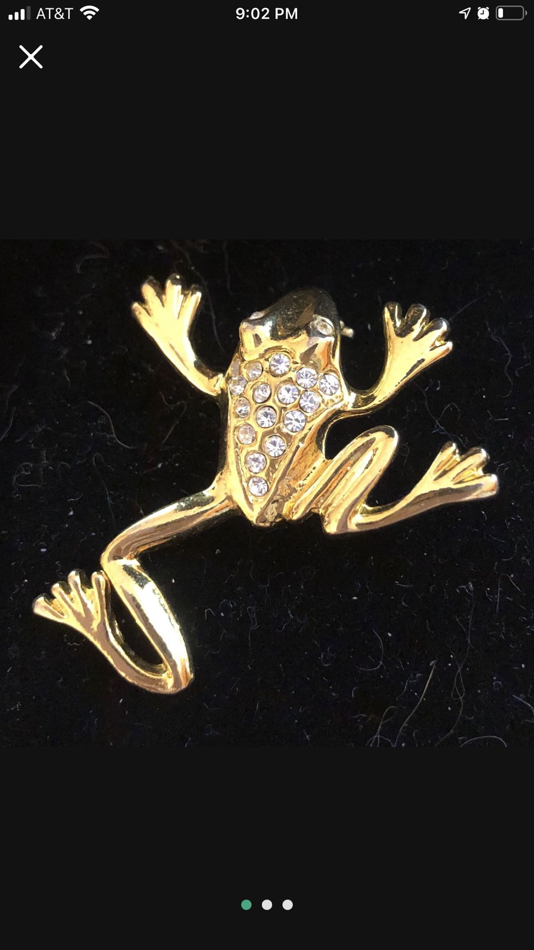 Frog pin brooch 2 1/2 by 2 inches gold tone clear stones