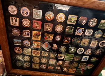 1990s Soccer Pins (68 )lot  in glass frame