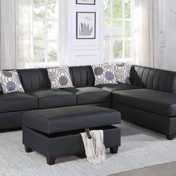 Brand New Black Leather Sectional Sofa w Storage Ottoman