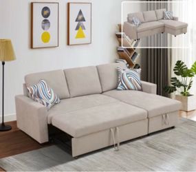 Beige microfiber sectional sleeper sofa couch with storage
