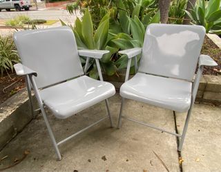 Vintage Pair of Russel Wright Outdoor Metal Patio “Sky Blue” Folding Chairs