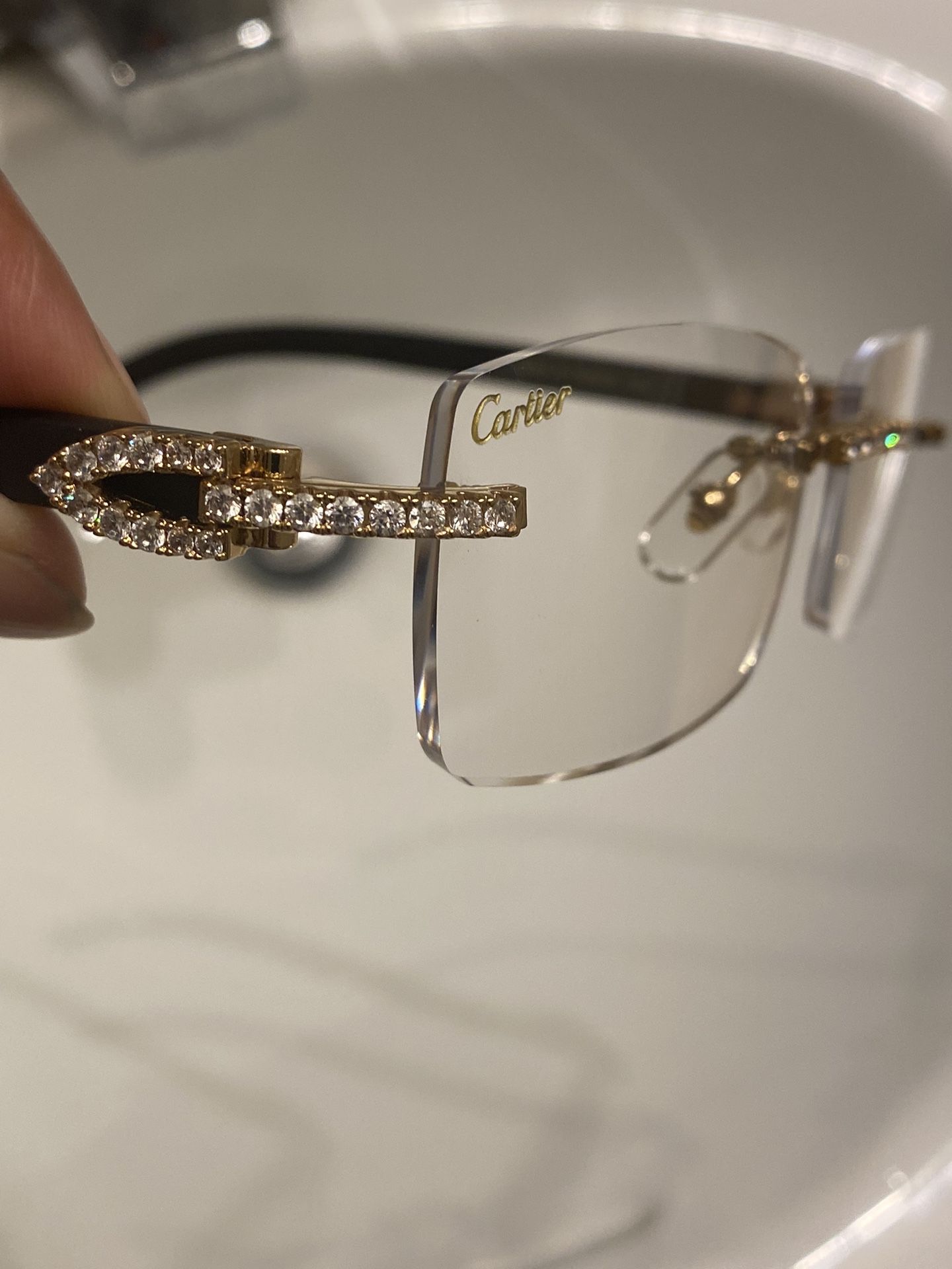 Cartier Glasses Gold Clear Medium Diamonds Black Wooden