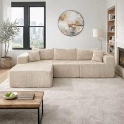110 in. W Modular Cloud Sectional Sofa with Chaise, Deep Seat Corduroy Fabric L-Shaped Couch in Beige