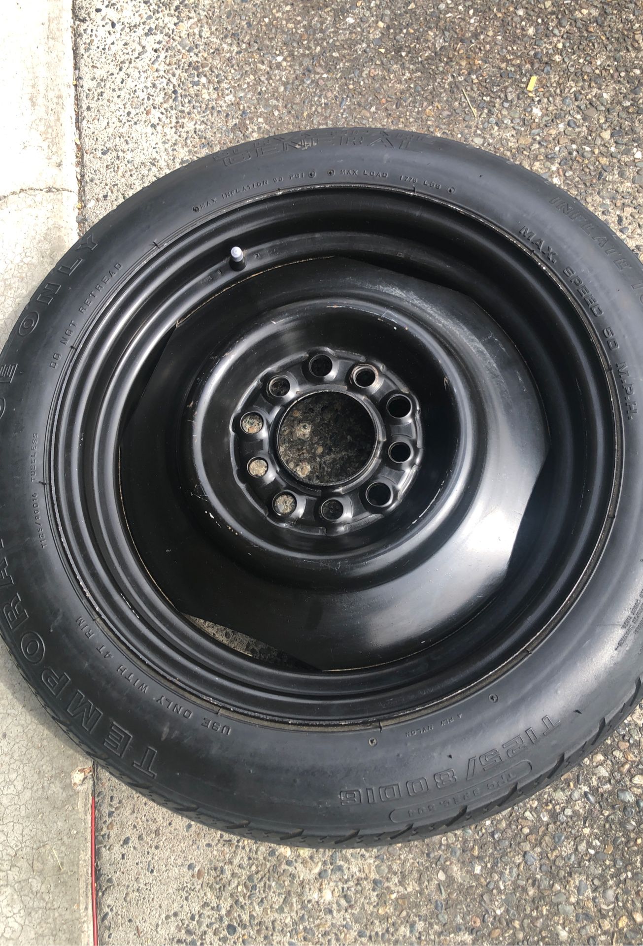 Spare tire with rim for small cars. universal temporary spare tire 16” rim 5x4.75 and 5x5.0. $125 or best offer