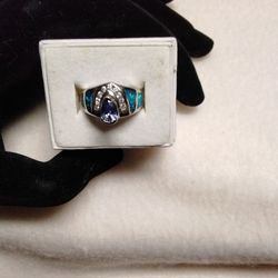 Amethyst With Australian Opal Inlay  Ring. 925 Sterling Silver. 