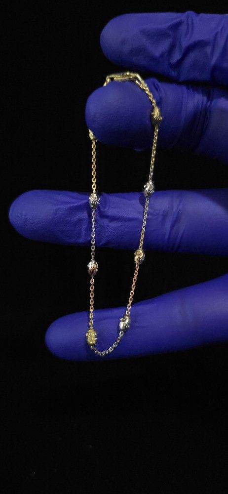 7"Gold 925 Sterling Silver Diamond Cut Beaded Bracelet