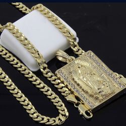 New Mens 14K Gold Plated Hip-hop Block Virgin Mary Pendant 24" Cuban Chain