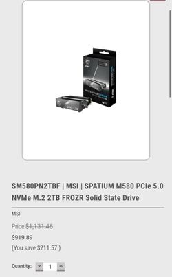MSI SPATIUM M580 PCIe 5.0 NVMe M.2 2TB FROZR Solid State Drive (SSD)