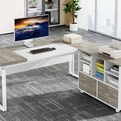 F2372AB L-Shaped Executive Desk with Reversible File Cabinet, 63" Office Desk with Storage Drawers, L-Shaped Computer Desk with Drawer Cabinet for Han