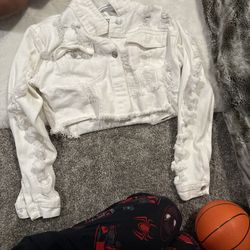 white denim jacket and blue denim skirt