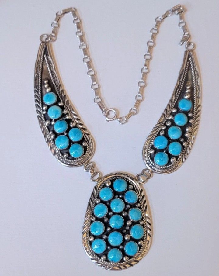 NEW CHARLES JOHNSON NATIVE AMERICAN NAVAJO STERLING SILVER TURQUOISE NECKLACE