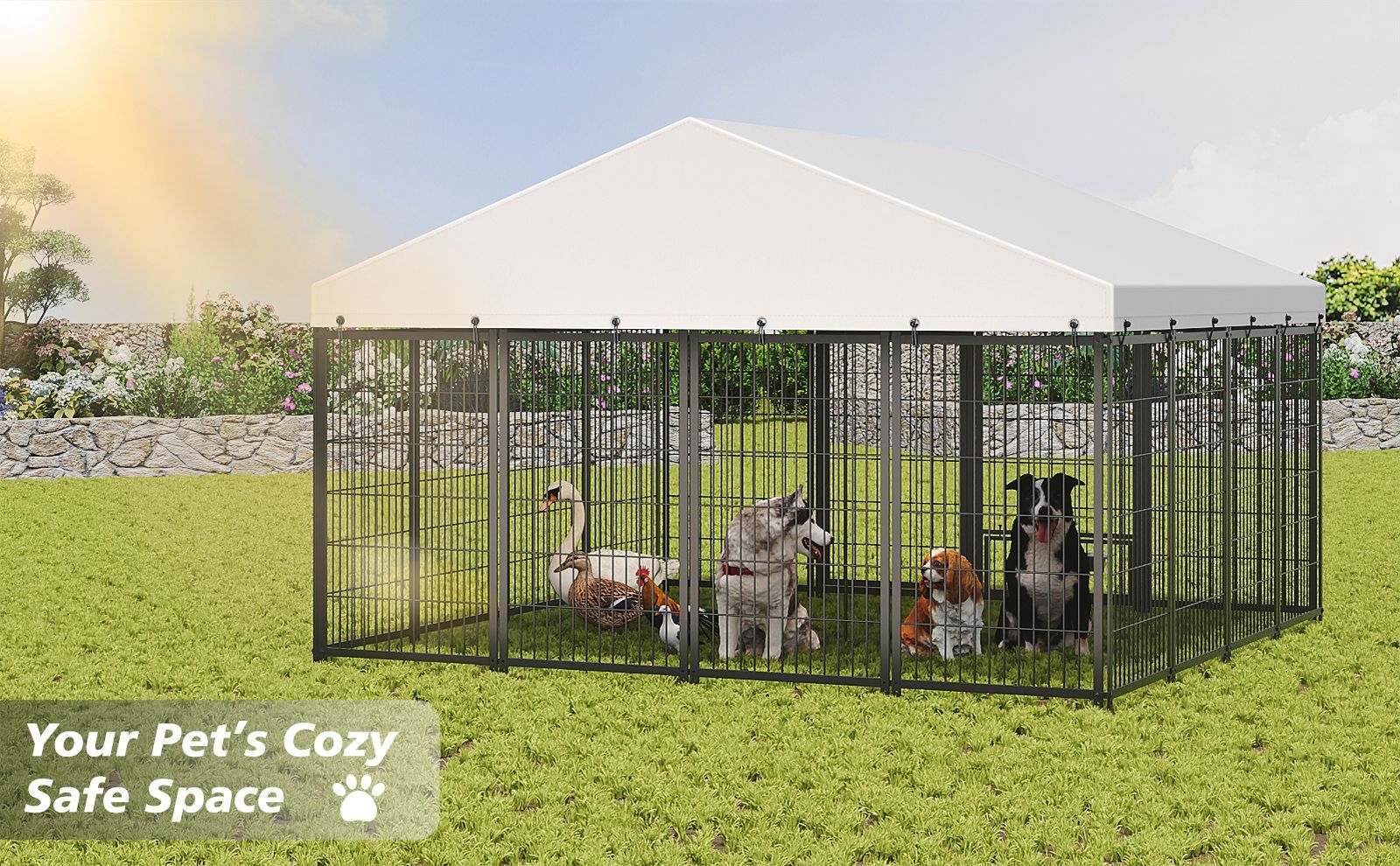 Large Dog Kennel Outdoor Pet Pens Dogs Run Enclosure Animal Hutch Metal Coop Fence with Roof Cover. 9.62'L x 9.35'W x 6.18'H.