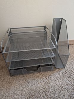 Silver Metal Mesh Desk Organizer + Vertical File Folder