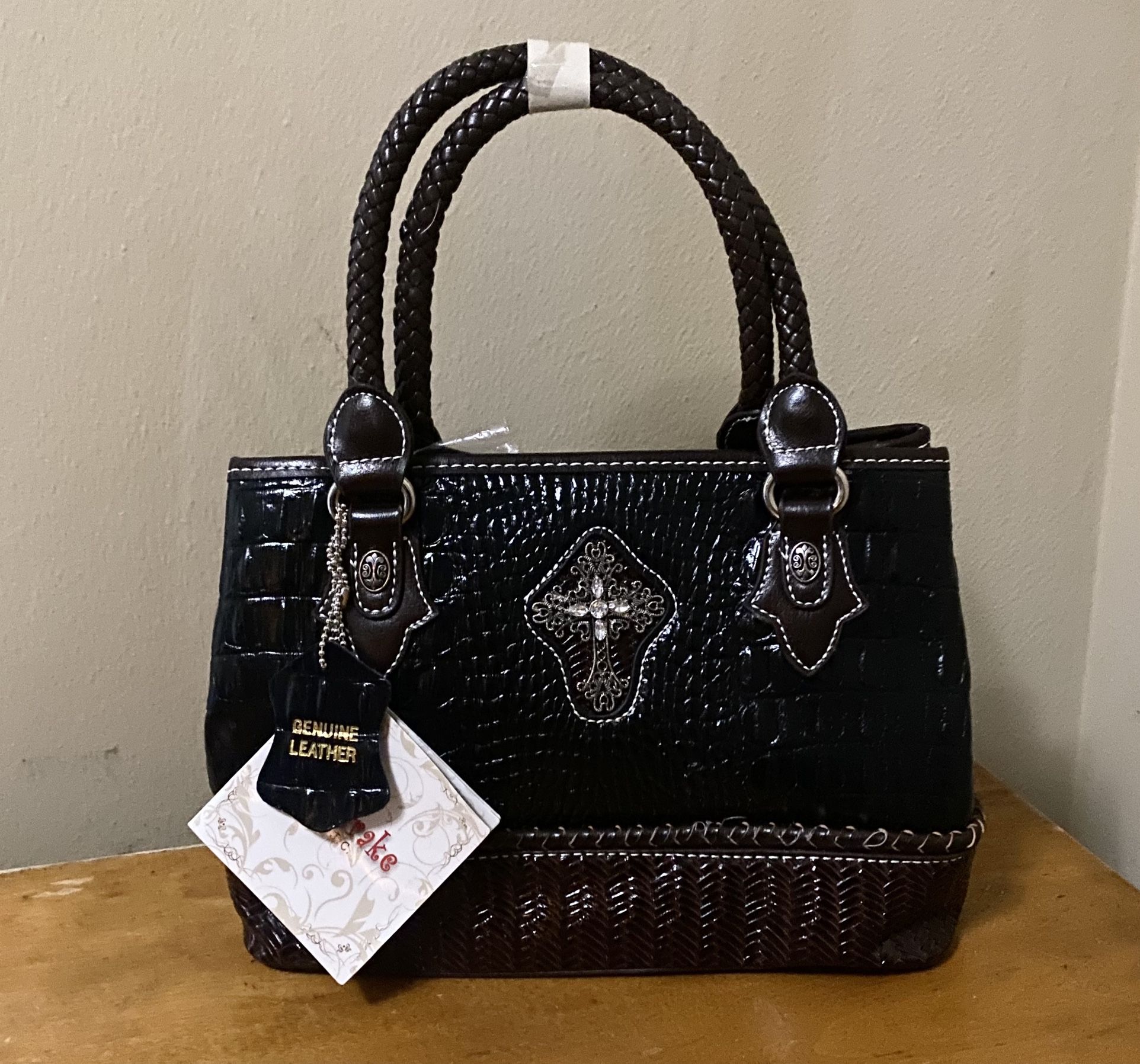 Silverake Western Genuine Leather Croc Rhinestone Cross PURSE Tote Bag Blk Brown
