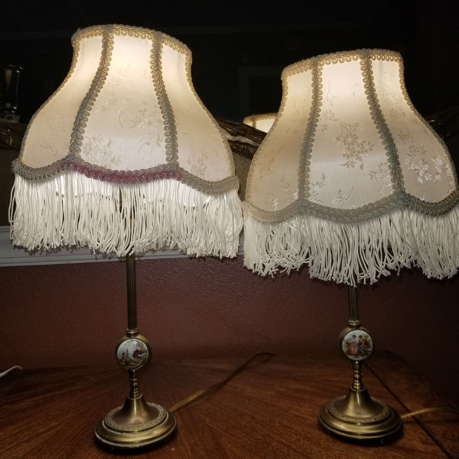 Antique brass and limoge porcelain lamps