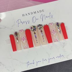 Extra long square press on nails red matte acrylic flowers pink nude rhinestones