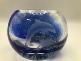 Lenox Etched Swirled Cobalt Blue Dolphins Vase Bowl