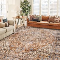 Washable Boho Area Rugs 9x12 Living Room Bedroom Under Table,Easy to Clean Vintage Floral Bohemian Rustic Western Style Large Rug for Dining Room,Terr