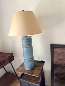 Tall 39" Elegant Turned Wood Table Lamp – Soft Blue with Shade
