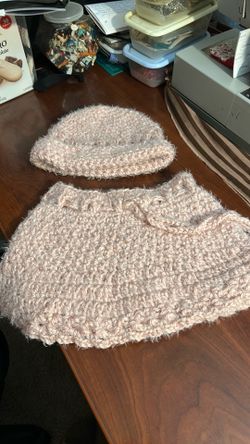 Dusty rose crochet poncho with hat set.