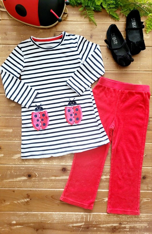 SIZE 5T 2-PIECE OUTFIT STRIPED LADYBUG STRETCHY KNIT LONG-SLEEVE TUNIC W/RED VELOUR LOUNGE PANTS