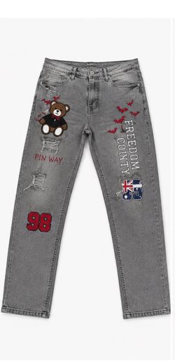 Pin Way Graphic Distressed Gray Jeans Men Women Y2K Streetwear Denim Pants