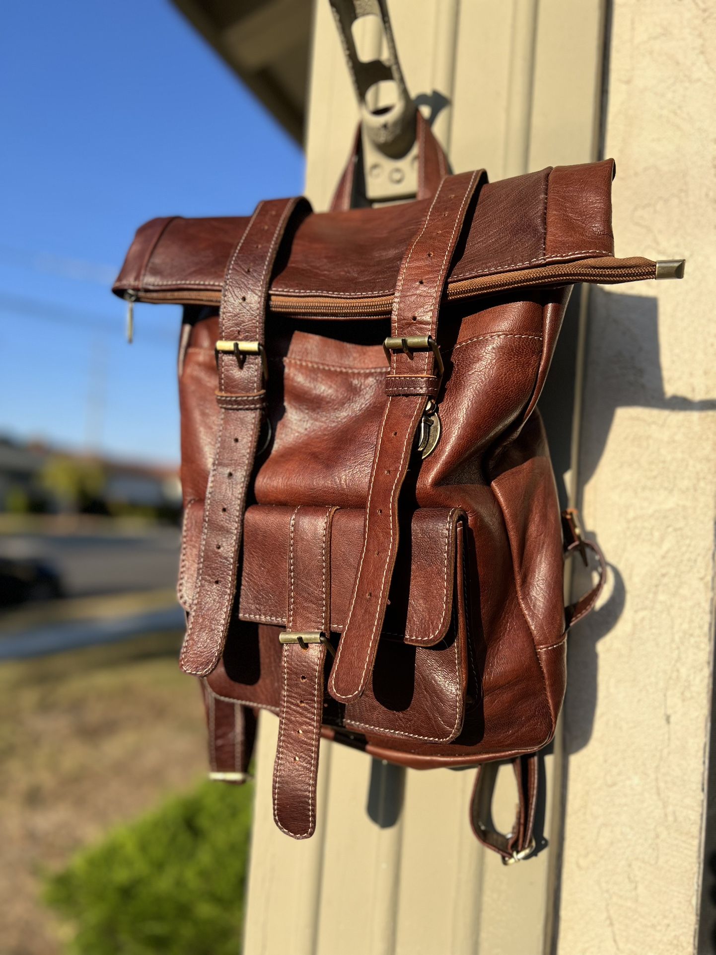 Beautiful Vintage Brown Leather Roll Top Backpack Lined Inside